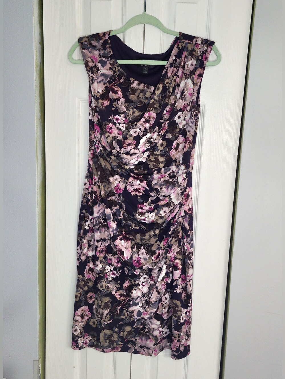 Floral Ruched Sheath Midi Dress Size 8 Dark Brown W Pink And Purple Floral Patte